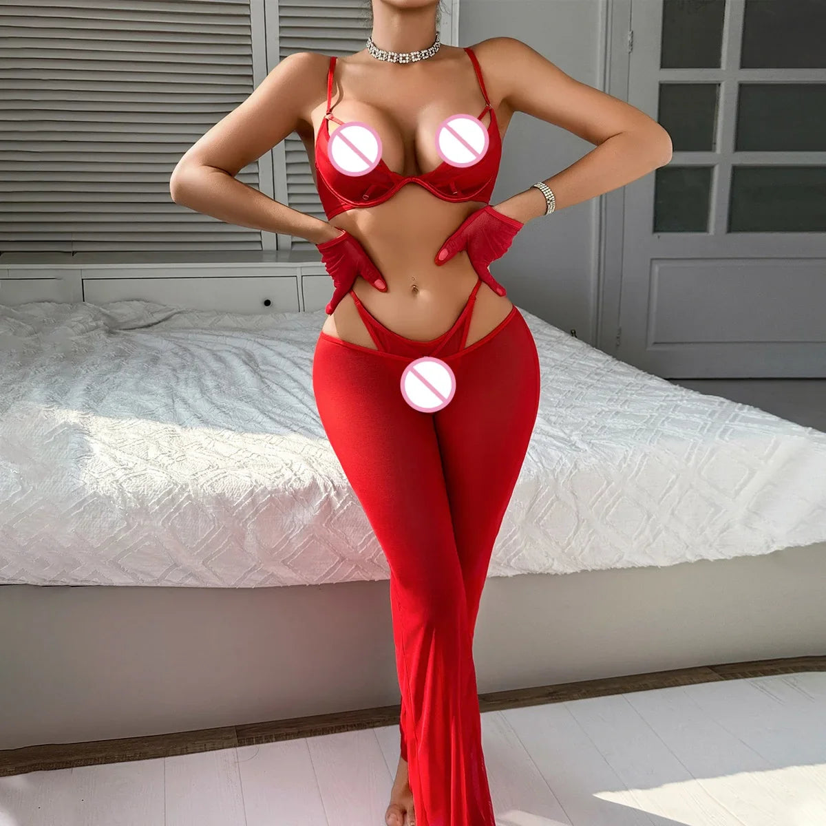 MUZISKAT Cross-border 2025 Red Temptation Mesh See-Through Set Ultra-thin Breathable Underwear Pants Gloves Four-piece