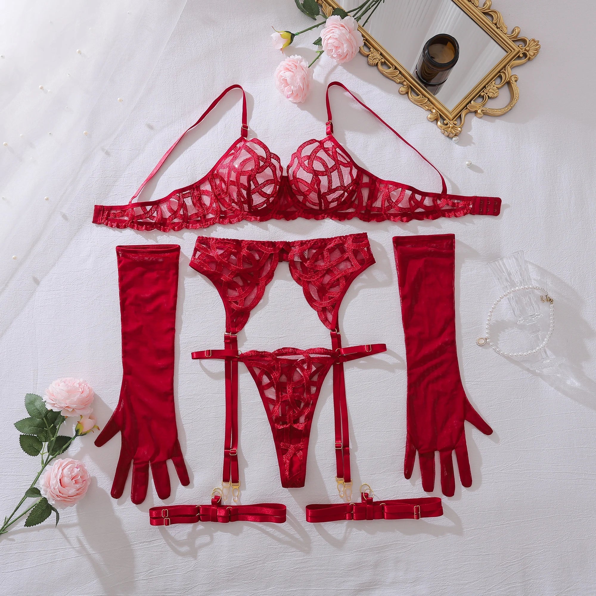 MUZISKAT Heavy Industry Complex Embroidery Perspective Slimming and Converging Adjustable Underwear Five Piece Set