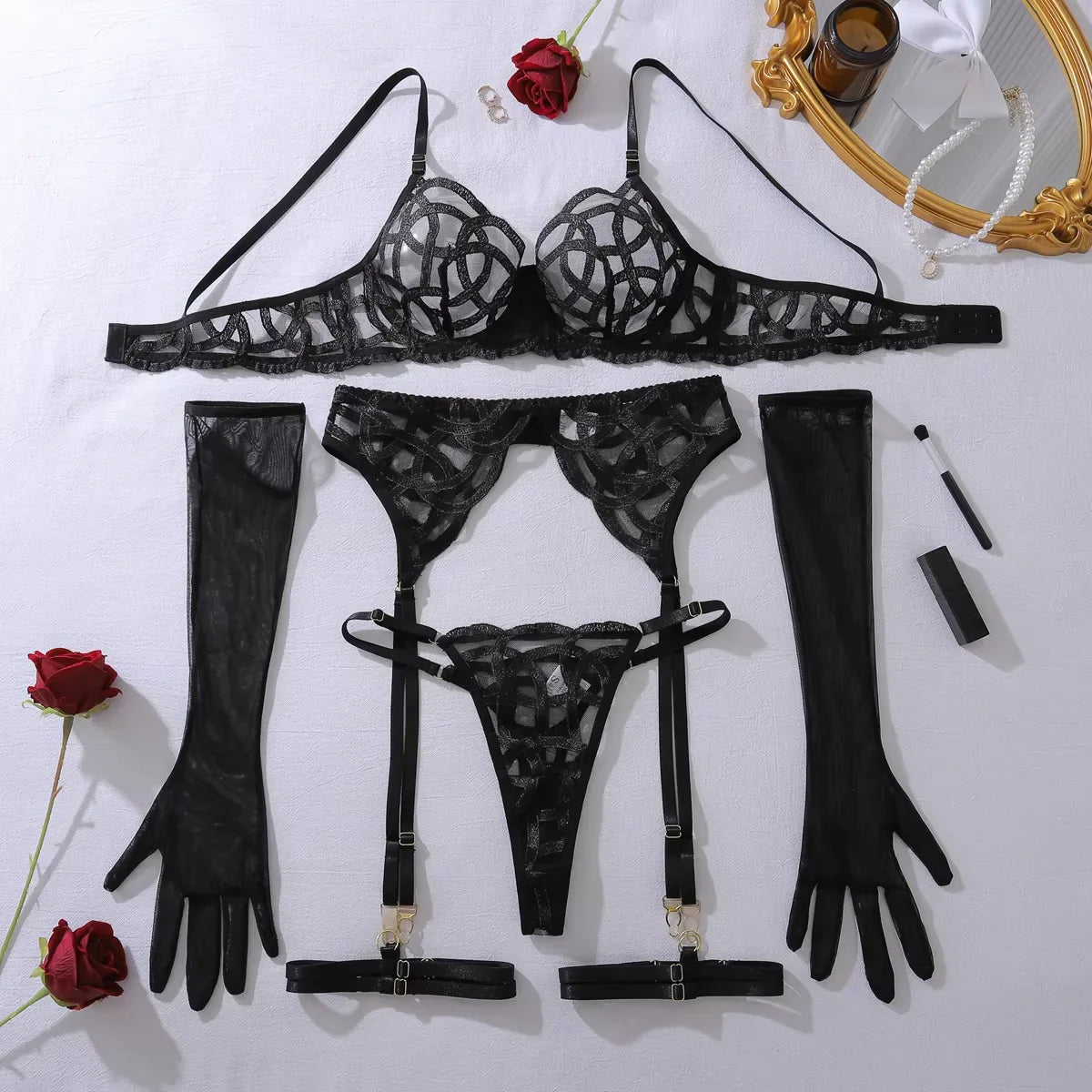 MUZISKAT Heavy Industry Complex Embroidery Perspective Slimming and Converging Adjustable Underwear Five Piece Set