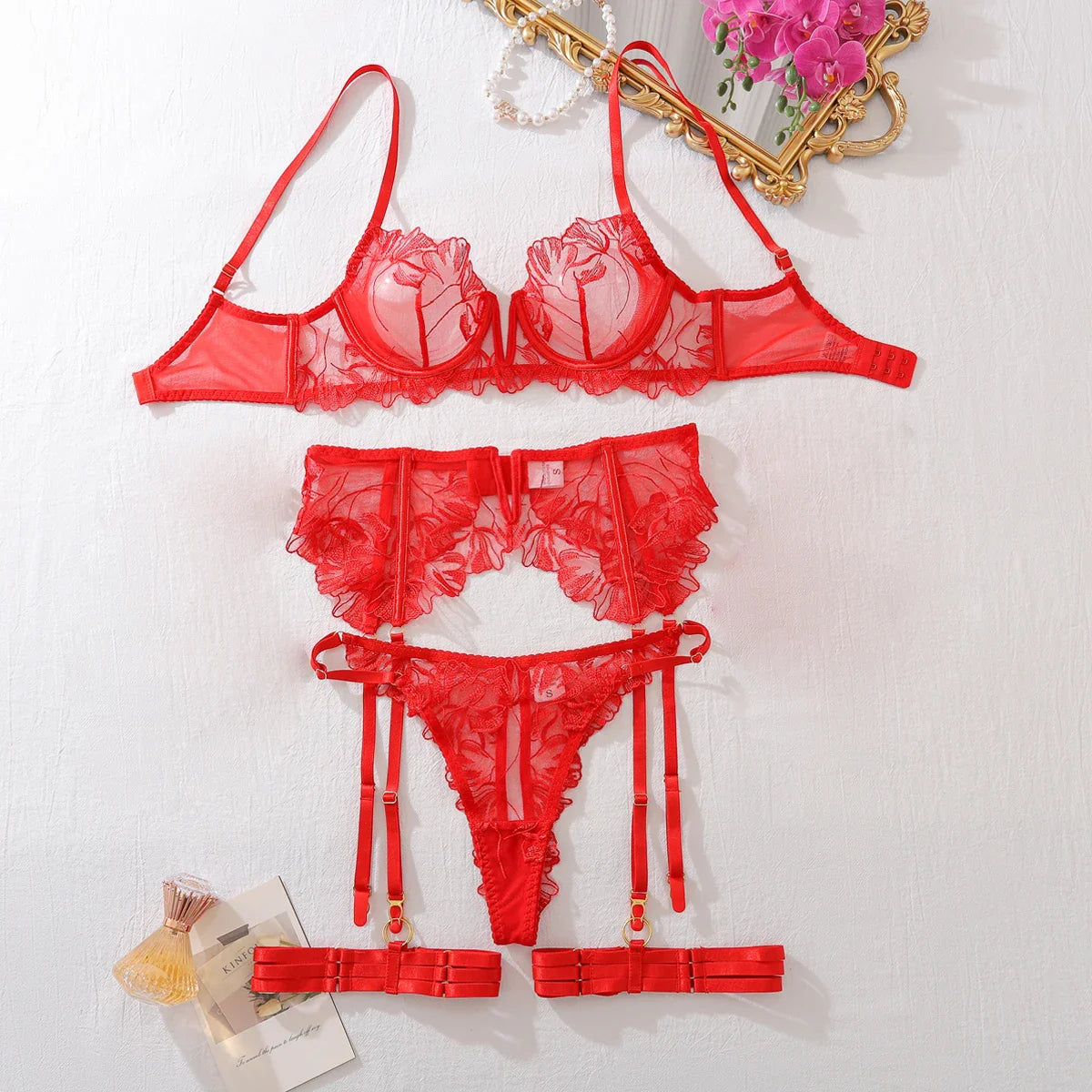 MUZISKAT Sensual Lingerie Hollow Out Transparent Underwear Brief Set Lace Erotic Bra And Thongs 4 Piece Exotic Set