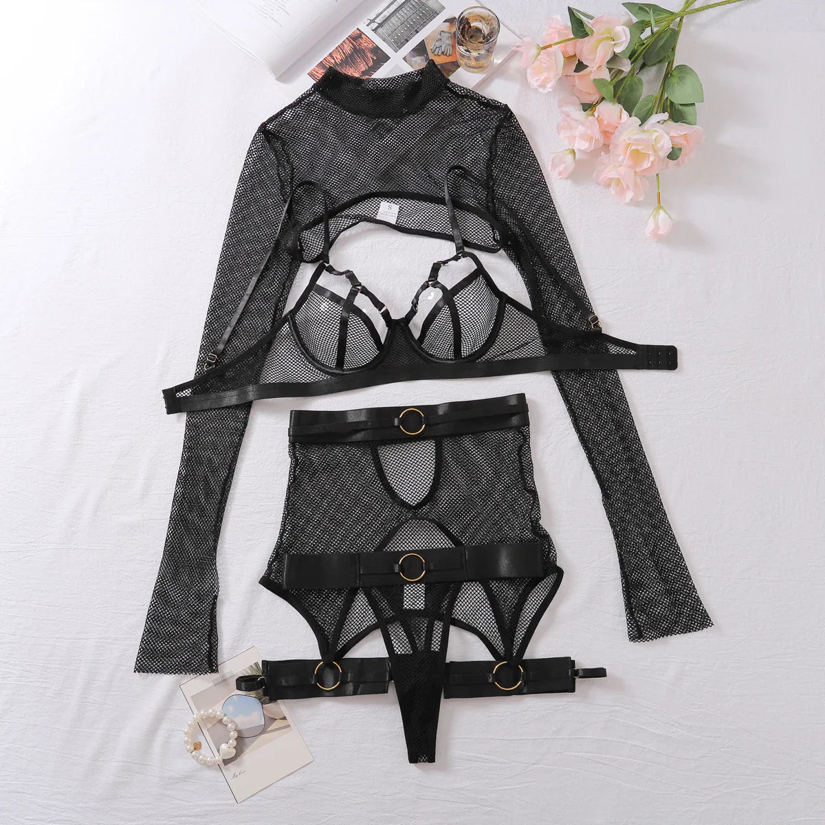 Mesh Hollow Transparent Erotic Bra Thong With Long Sleeve Ultra Short blouse Seductive Uniform Lingerie Set
