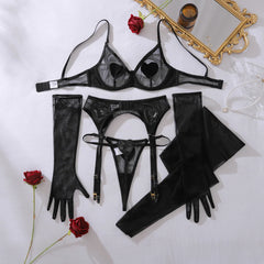 Mesh perspective splicing PU leather heart decoration comfortable shaping underwear split with leg socks set