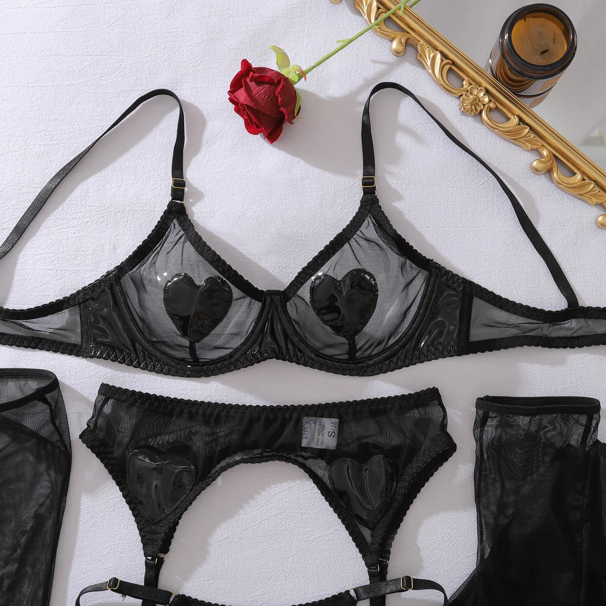 Mesh perspective splicing PU leather heart decoration comfortable shaping underwear split with leg socks set
