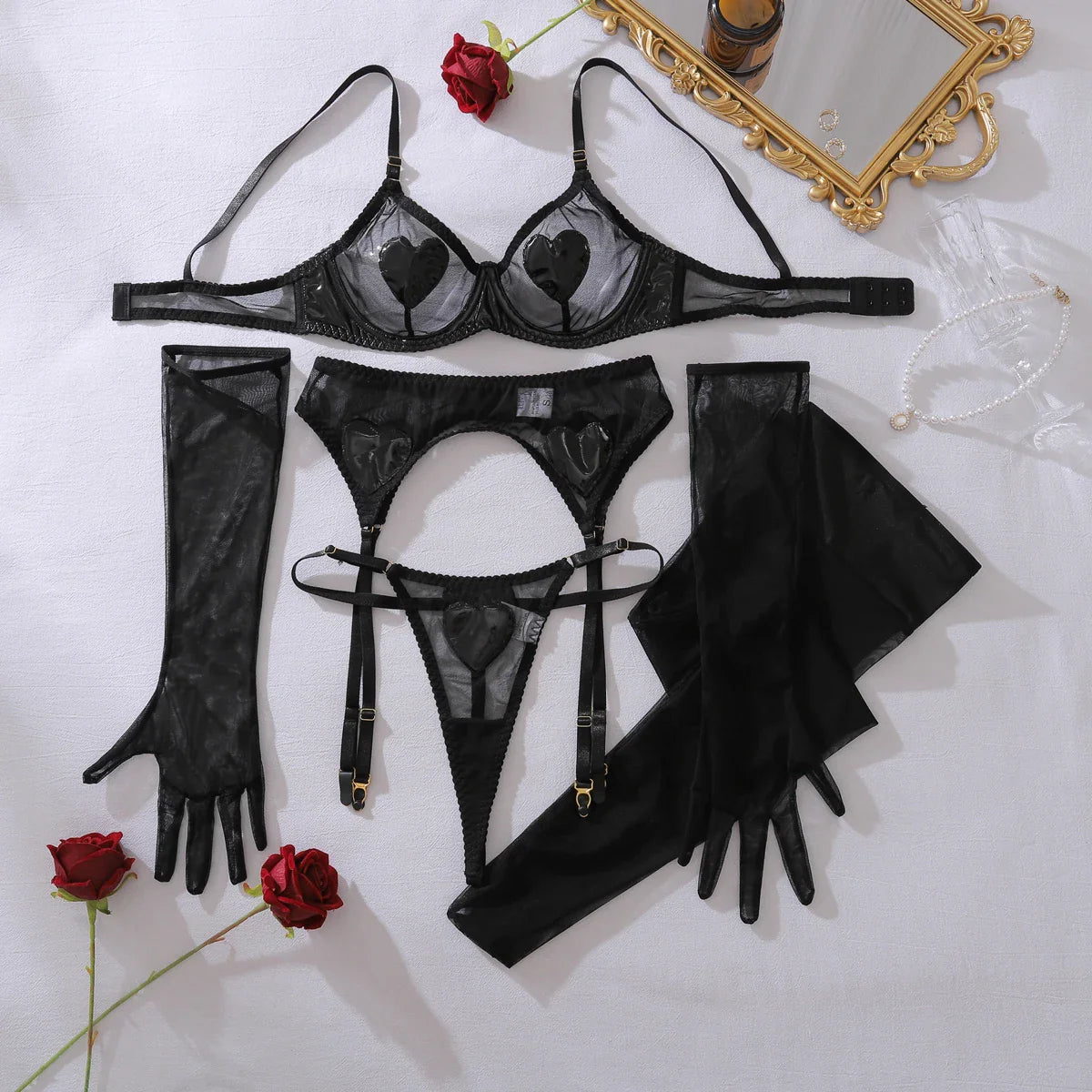 Mesh perspective splicing PU leather heart decoration comfortable shaping underwear split with leg socks set