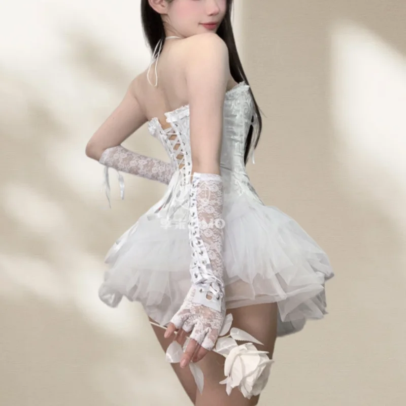 Backless Off-shoulder Cute Short Waistband Vest Corset Slim Fit Lace Corset Paired with Fluffy Skirt Uniform Set