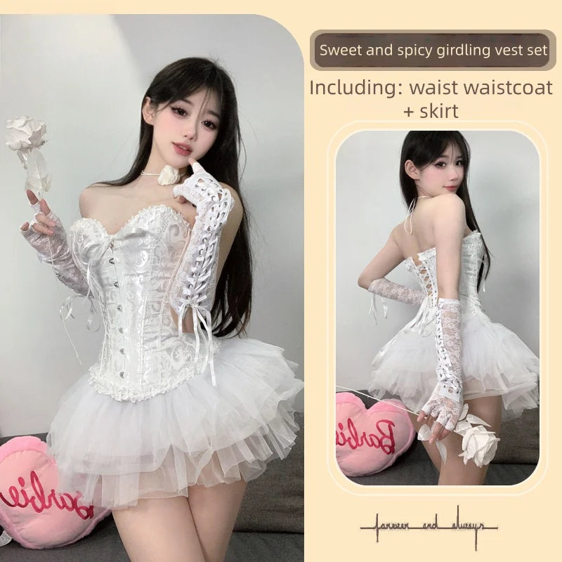Backless Off-shoulder Cute Short Waistband Vest Corset Slim Fit Lace Corset Paired with Fluffy Skirt Uniform Set