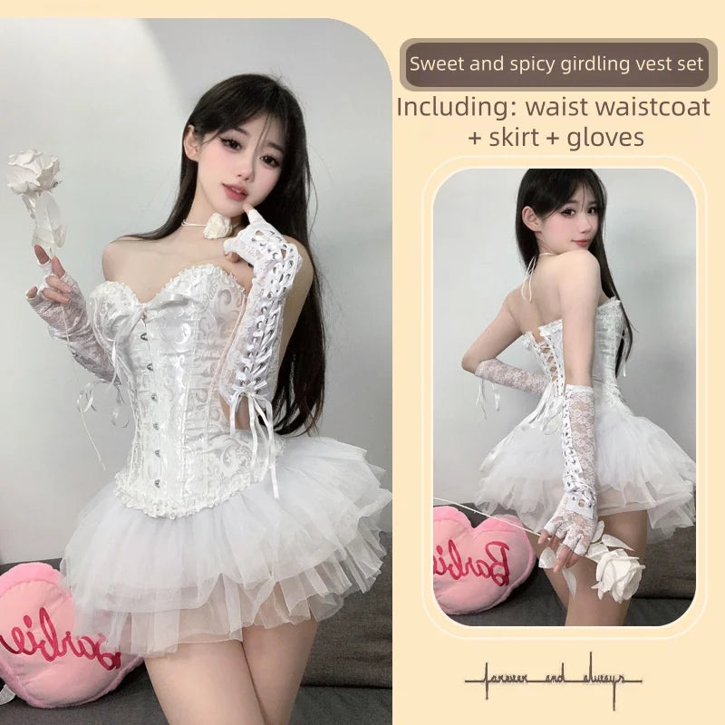 Backless Off-shoulder Cute Short Waistband Vest Corset Slim Fit Lace Corset Paired with Fluffy Skirt Uniform Set