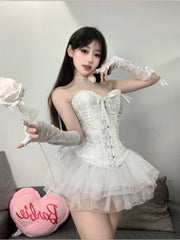Backless Off-shoulder Cute Short Waistband Vest Corset Slim Fit Lace Corset Paired with Fluffy Skirt Uniform Set