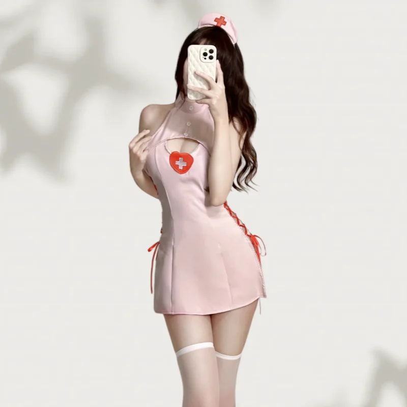 Backless Sweet Lingerie Nurse Uniform Exposed Breast Hollowed Out Seduction Plus Size Side Opening Strap No Take Off