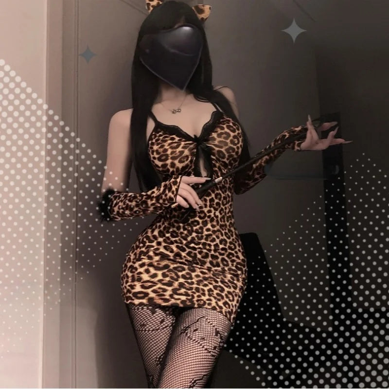 Backless Wild Little Leopard Girl Leopard Print Spicy Girl Lace Suspender Bag Hip Skirt Nightclub Style Fun Lingerie