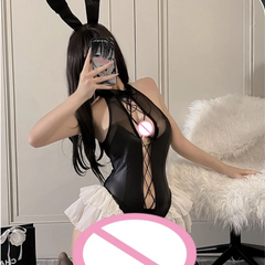 Bold Elastic Elegant Slit Uniform Tight Strap Jumpsuit Yarn Skirt Leather Coat Rabbit Girl Strap Socks Off-shoulder
