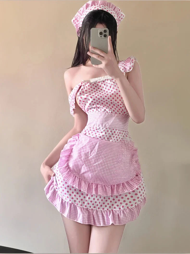 Bold Uniform Seductive and Sweet Little Kitchen Maid Cute Girl Lace Polka Dot Strap-on No-removal Lingerie Set
