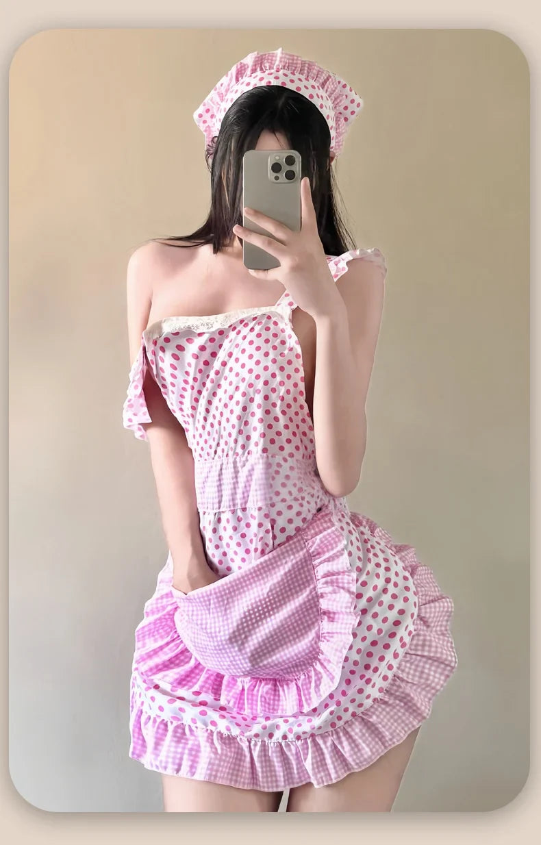 Bold Uniform Seductive and Sweet Little Kitchen Maid Cute Girl Lace Polka Dot Strap-on No-removal Lingerie Set