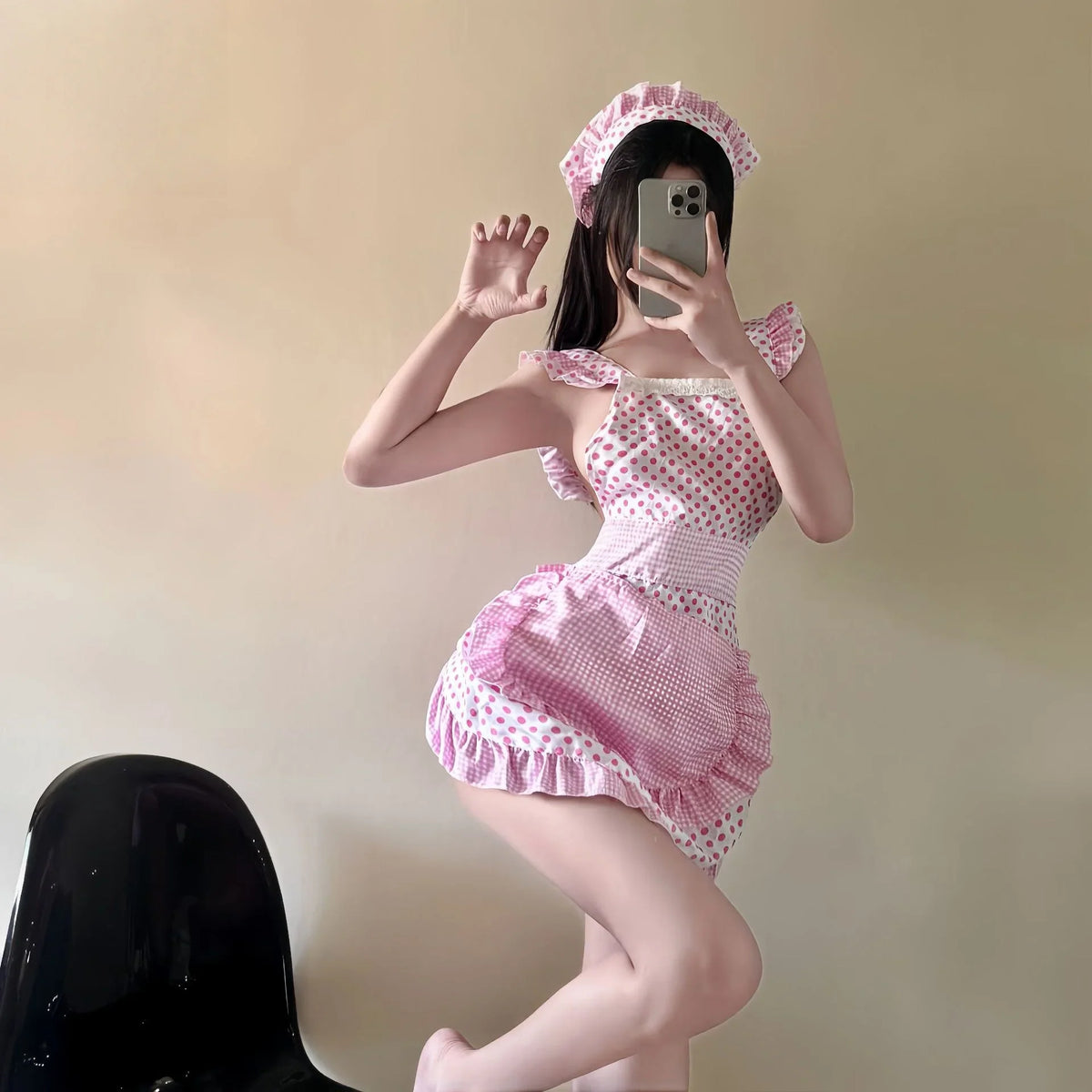 Bold Uniform Seductive and Sweet Little Kitchen Maid Cute Girl Lace Polka Dot Strap-on No-removal Lingerie Set