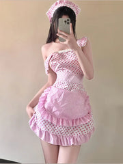 Bold Uniform Seductive and Sweet Little Kitchen Maid Cute Girl Lace Polka Dot Strap-on No-removal Lingerie Set