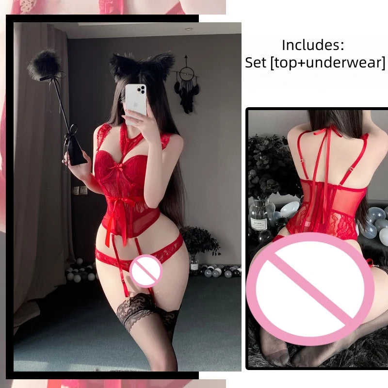 Cute Backless Off-shoulder French Court Style Lingerie with Lace Straps Loose Chest Gathered Waist Vest Jumpsuit