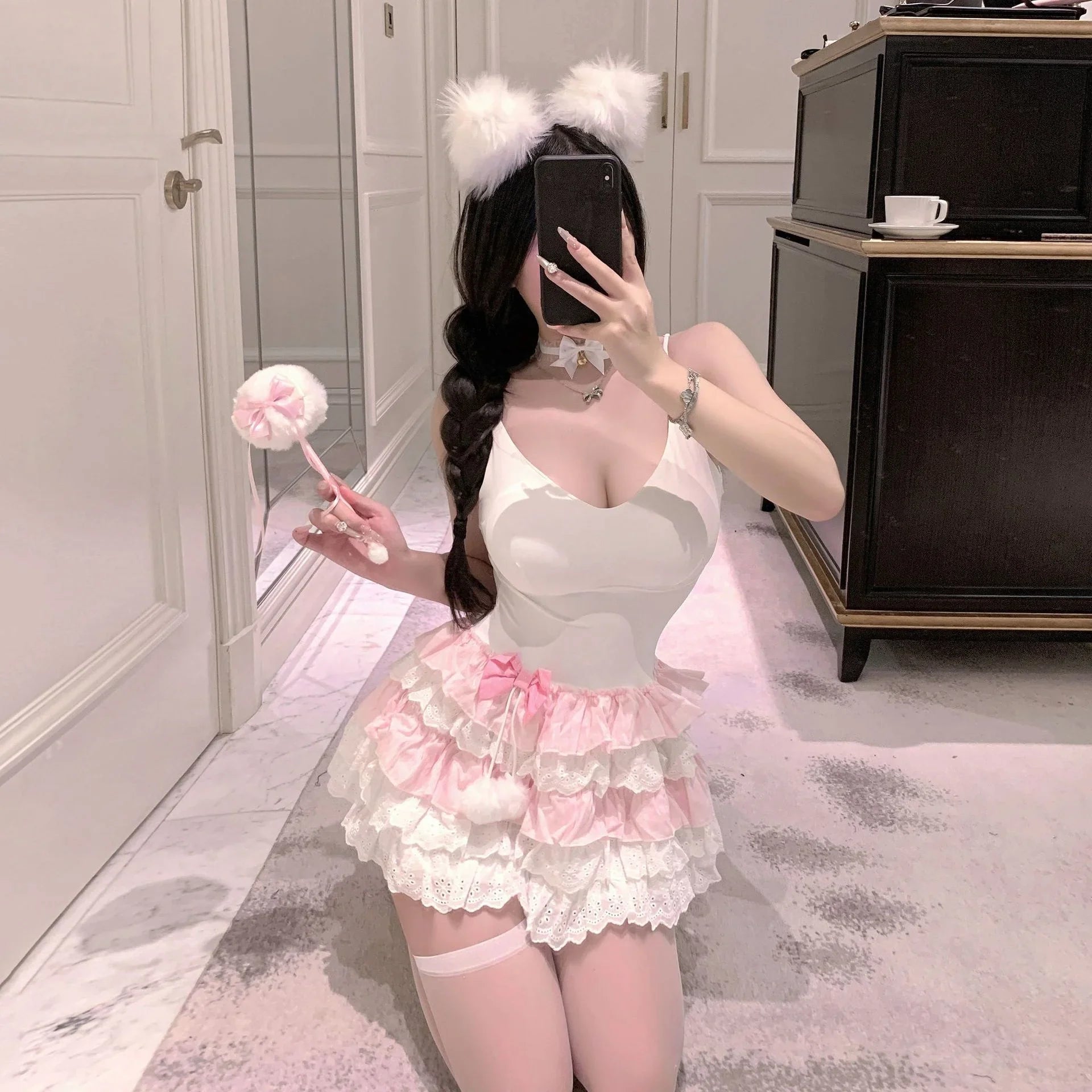 Cute Provocative Original Pink Jacquard Camisole with Suspender