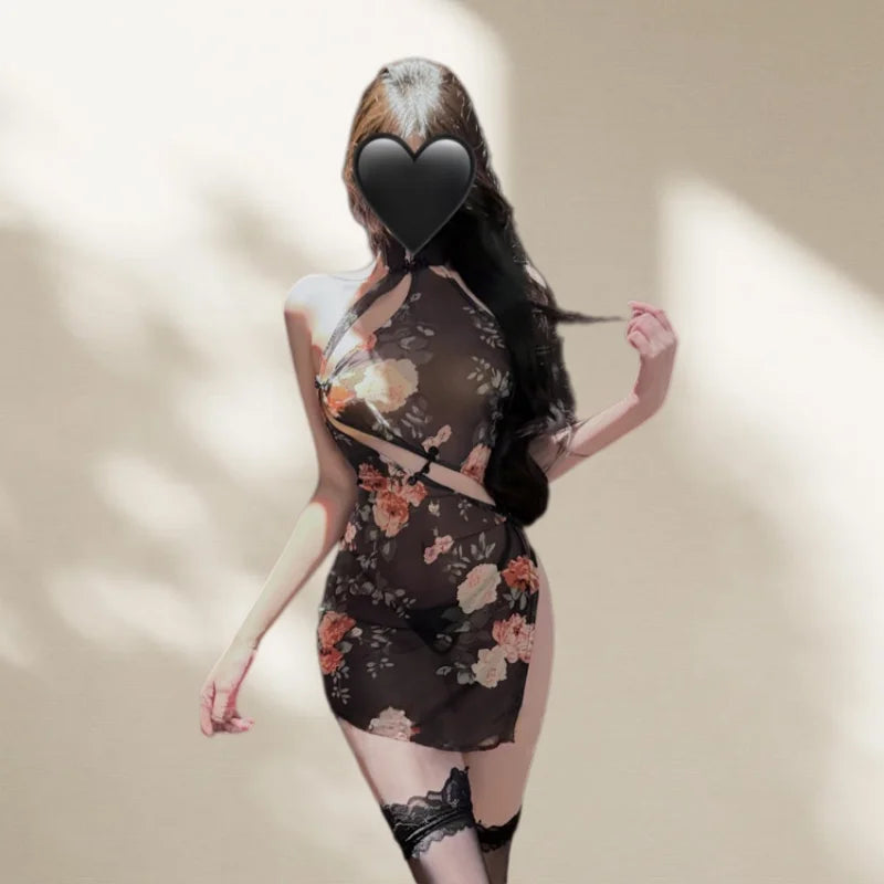 Cute Short Style Retro Socialite Cheongsam with Slanted Collar Printed Slit Style Lingerie Chinese Irregular Cheongsam