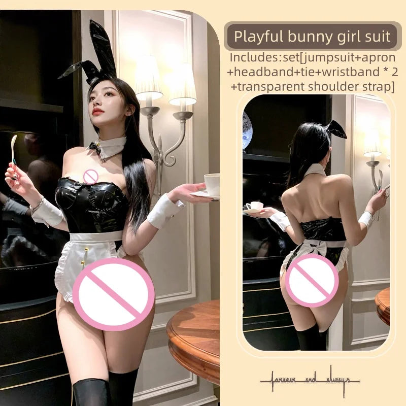 Cute Slit Backless Temptation Pure Desire Rabbit Pure Desire Sweet Rabbit Girl Erotic Lingerie Strap Leather Maid Outfit