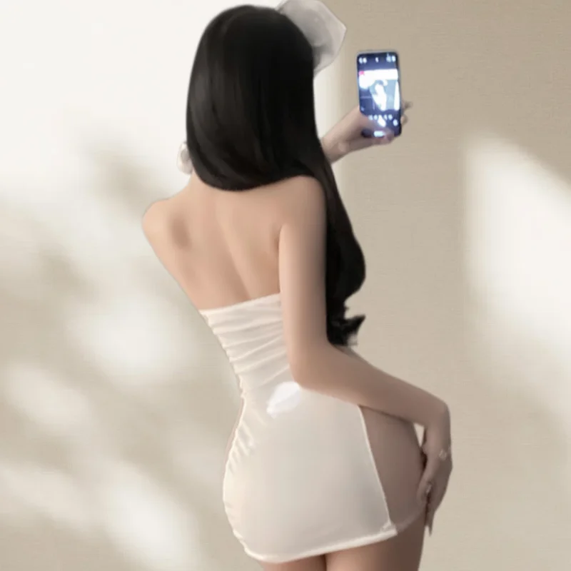 Cute Slit Deep V Backless Temptation Flirtatious Sweetheart Cosplay Lingerie Suspender Lace See Through Nurse Uniform