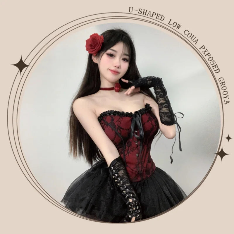 Cute Sweet Backless Off-shoulder Retro Cat Erotic Lingerie with Court Style Lace Corset Waist That Can Be Paired with ASkirt