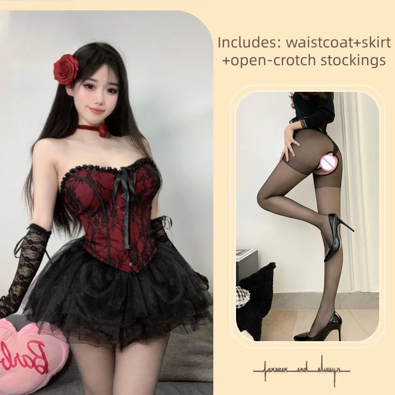 Cute Sweet Backless Off-shoulder Retro Cat Erotic Lingerie with Court Style Lace Corset Waist That Can Be Paired with ASkirt