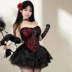 Cute Sweet Backless Off-shoulder Retro Cat Erotic Lingerie with Court Style Lace Corset Waist That Can Be Paired with ASkirt