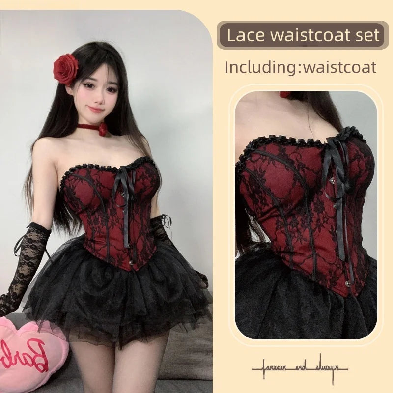 Cute Sweet Backless Off-shoulder Retro Cat Erotic Lingerie with Court Style Lace Corset Waist That Can Be Paired with ASkirt