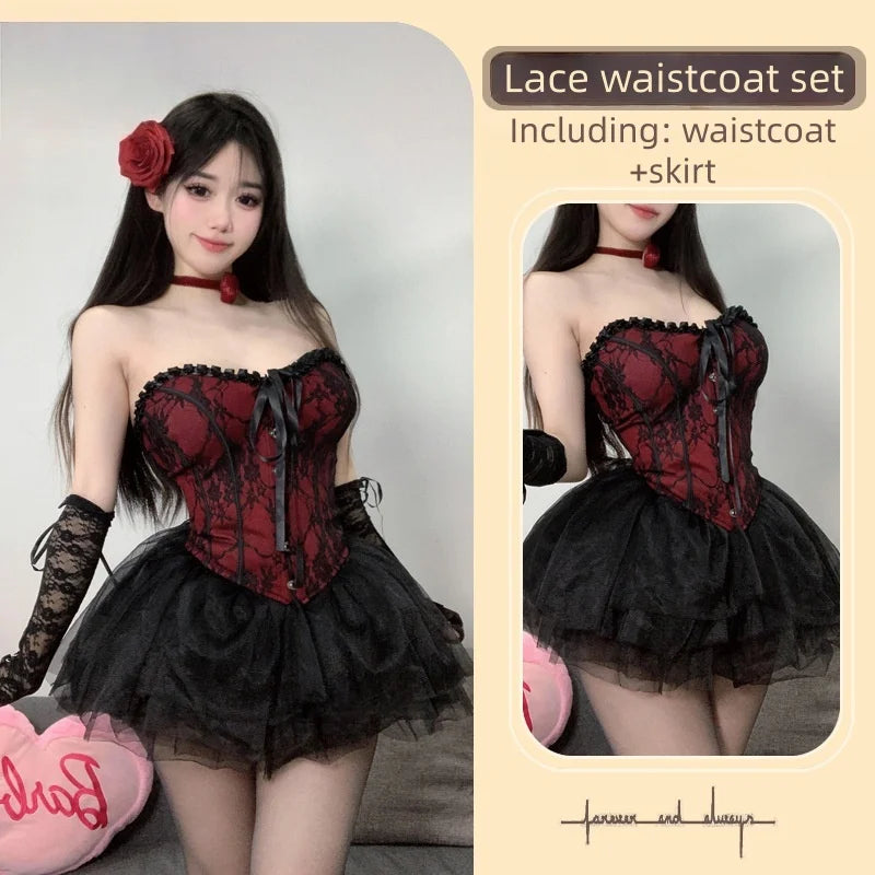 Cute Sweet Backless Off-shoulder Retro Cat Erotic Lingerie with Court Style Lace Corset Waist That Can Be Paired with ASkirt