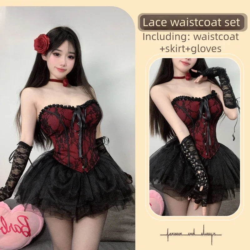 Cute Sweet Backless Off-shoulder Retro Cat Erotic Lingerie with Court Style Lace Corset Waist That Can Be Paired with ASkirt
