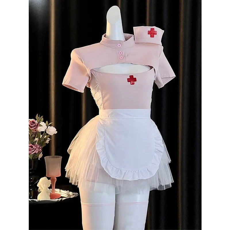 Cute Sweet Short Style Pure Desire Slit Nurse Uniform Ultra Short Strap Stand Up Collar Lace Up Lingerie Role-playing