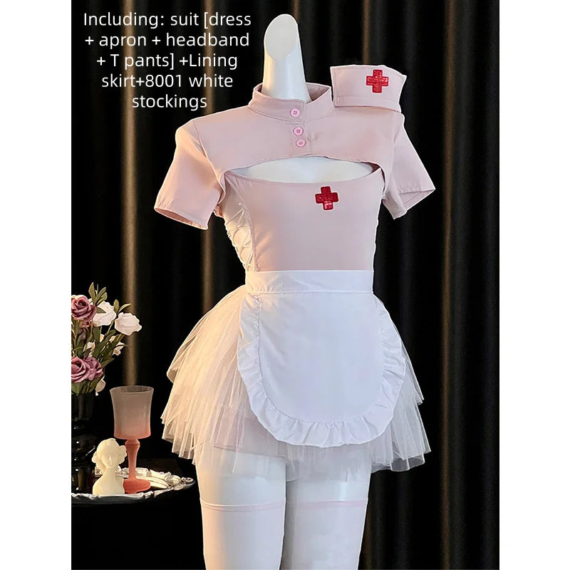 Cute Sweet Short Style Pure Desire Slit Nurse Uniform Ultra Short Strap Stand Up Collar Lace Up Lingerie Role-playing