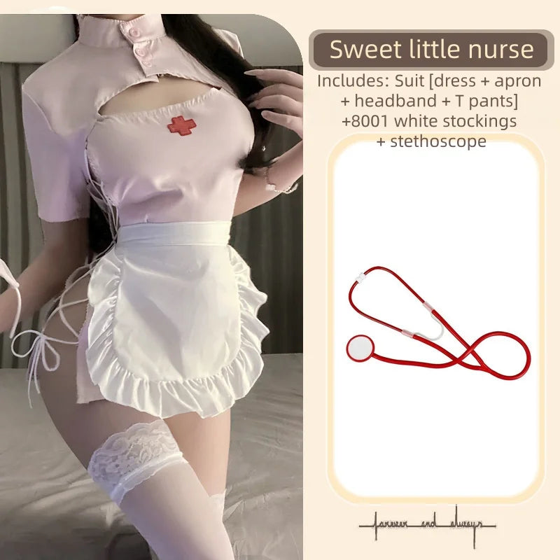 Cute Sweet Short Style Pure Desire Slit Nurse Uniform Ultra Short Strap Stand Up Collar Lace Up Lingerie Role-playing