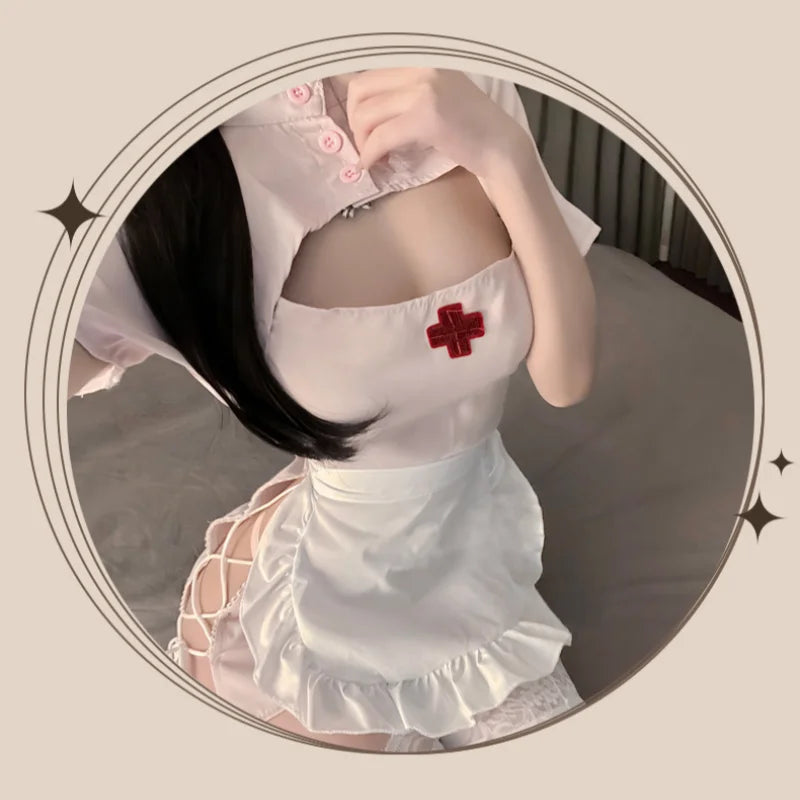 Cute Sweet Short Style Pure Desire Slit Nurse Uniform Ultra Short Strap Stand Up Collar Lace Up Lingerie Role-playing