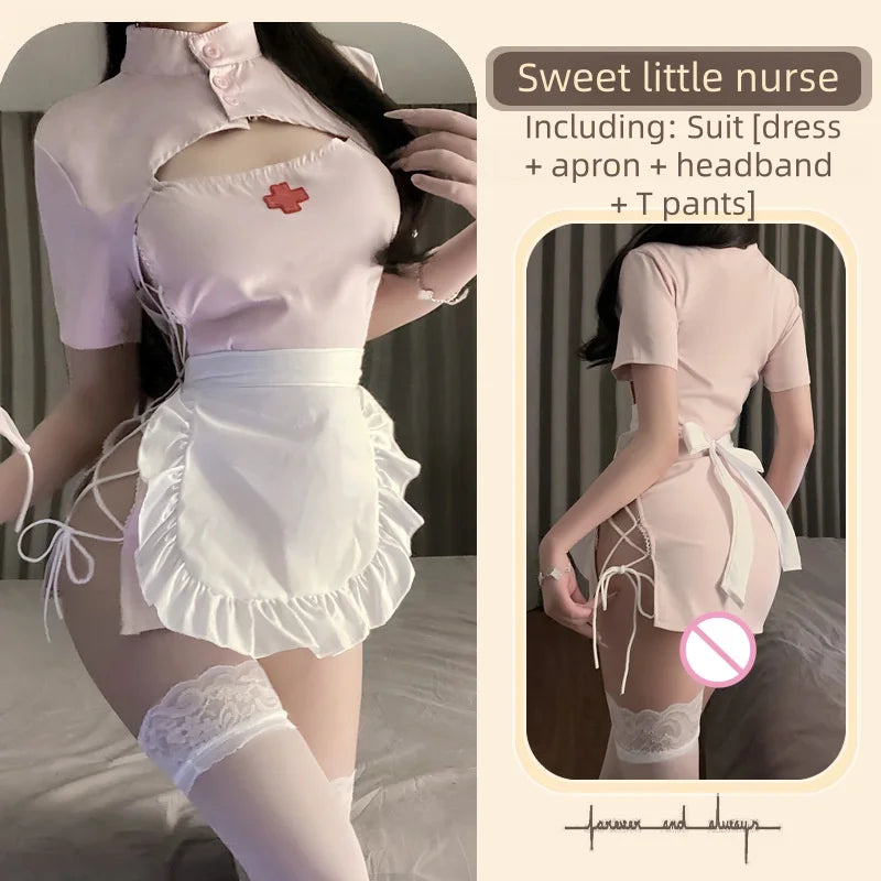 Cute Sweet Short Style Pure Desire Slit Nurse Uniform Ultra Short Strap Stand Up Collar Lace Up Lingerie Role-playing