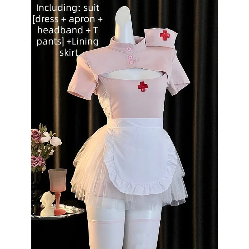 Cute Sweet Short Style Pure Desire Slit Nurse Uniform Ultra Short Strap Stand Up Collar Lace Up Lingerie Role-playing