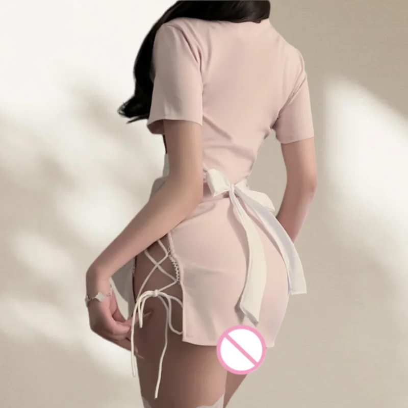 Cute Sweet Short Style Pure Desire Slit Nurse Uniform Ultra Short Strap Stand Up Collar Lace Up Lingerie Role-playing