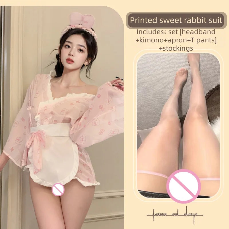 Cute Sweet Short Style Temptation Girl Japanese Pure Desire Rabbit Printed Kimono Sleeping Robe Rabbit Girl Underwear