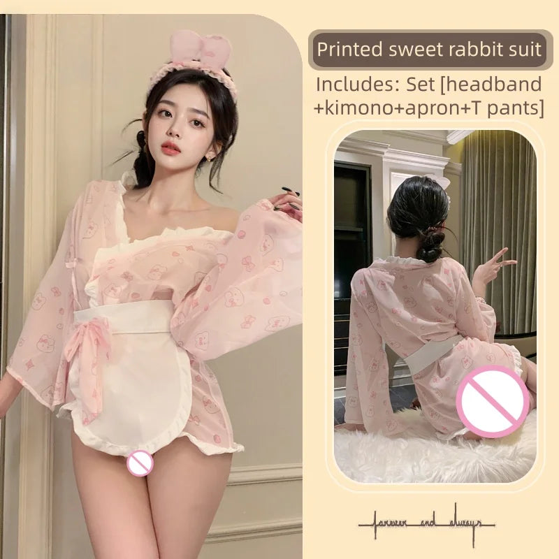 Cute Sweet Short Style Temptation Girl Japanese Pure Desire Rabbit Printed Kimono Sleeping Robe Rabbit Girl Underwear
