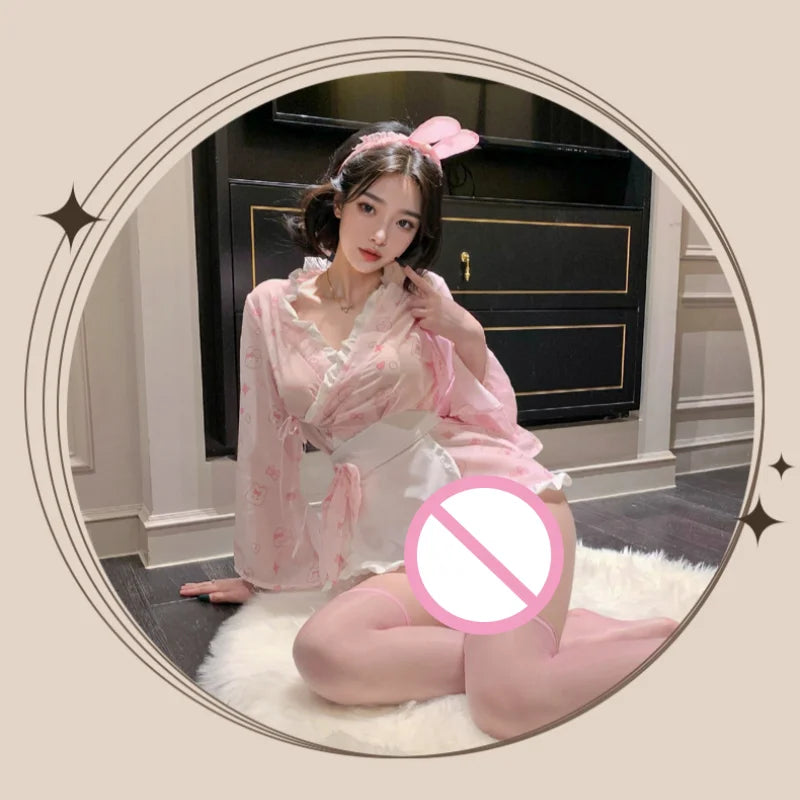 Cute Sweet Short Style Temptation Girl Japanese Pure Desire Rabbit Printed Kimono Sleeping Robe Rabbit Girl Underwear