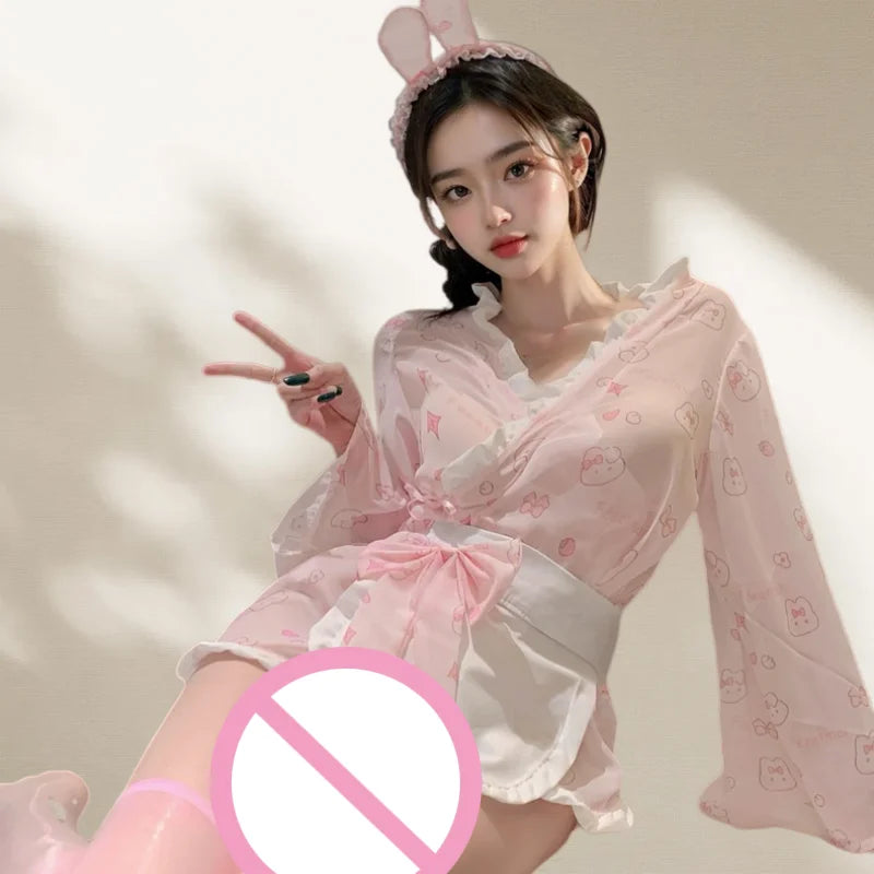 Cute Sweet Short Style Temptation Girl Japanese Pure Desire Rabbit Printed Kimono Sleeping Robe Rabbit Girl Underwear