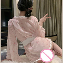 Cute Sweet Short Style Temptation Girl Japanese Pure Desire Rabbit Printed Kimono Sleeping Robe Rabbit Girl Underwear
