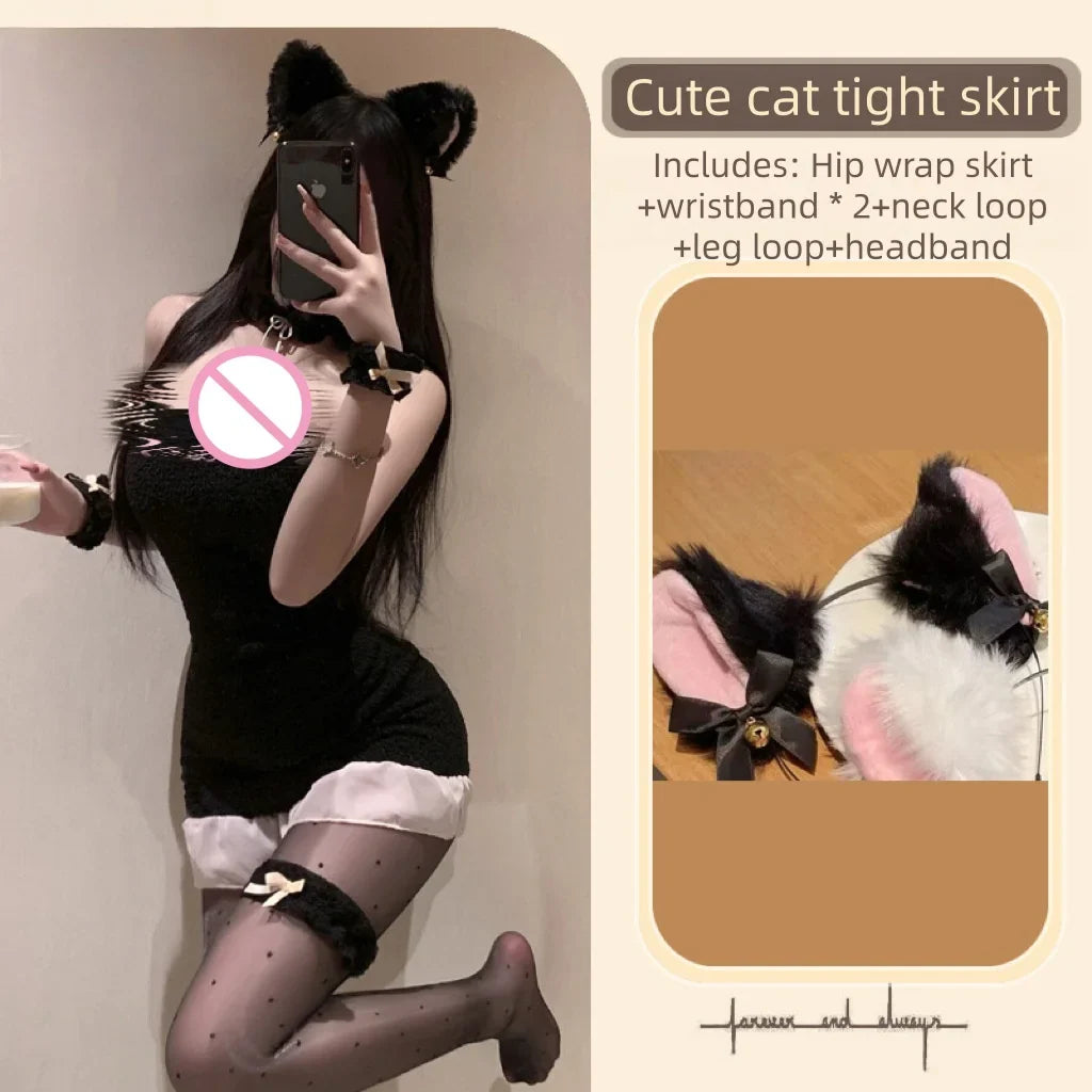 Cute Sweet Slit Temptation Flirtatious Sweet and Spicy Wildcat Elastic Plush Tight Bag Hip Skirt Underwear Female