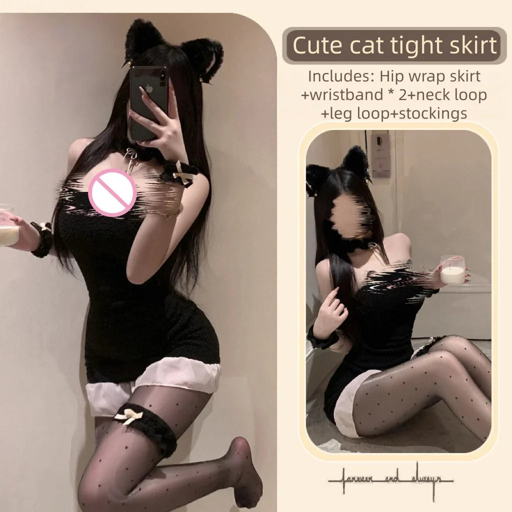 Cute Sweet Slit Temptation Flirtatious Sweet and Spicy Wildcat Elastic Plush Tight Bag Hip Skirt Underwear Female