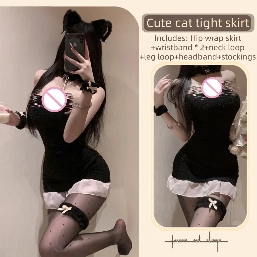 Cute Sweet Slit Temptation Flirtatious Sweet and Spicy Wildcat Elastic Plush Tight Bag Hip Skirt Underwear Female