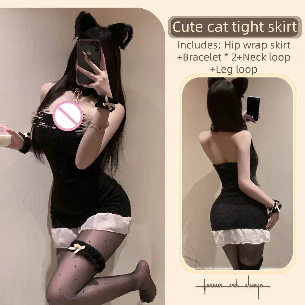 Cute Sweet Slit Temptation Flirtatious Sweet and Spicy Wildcat Elastic Plush Tight Bag Hip Skirt Underwear Female