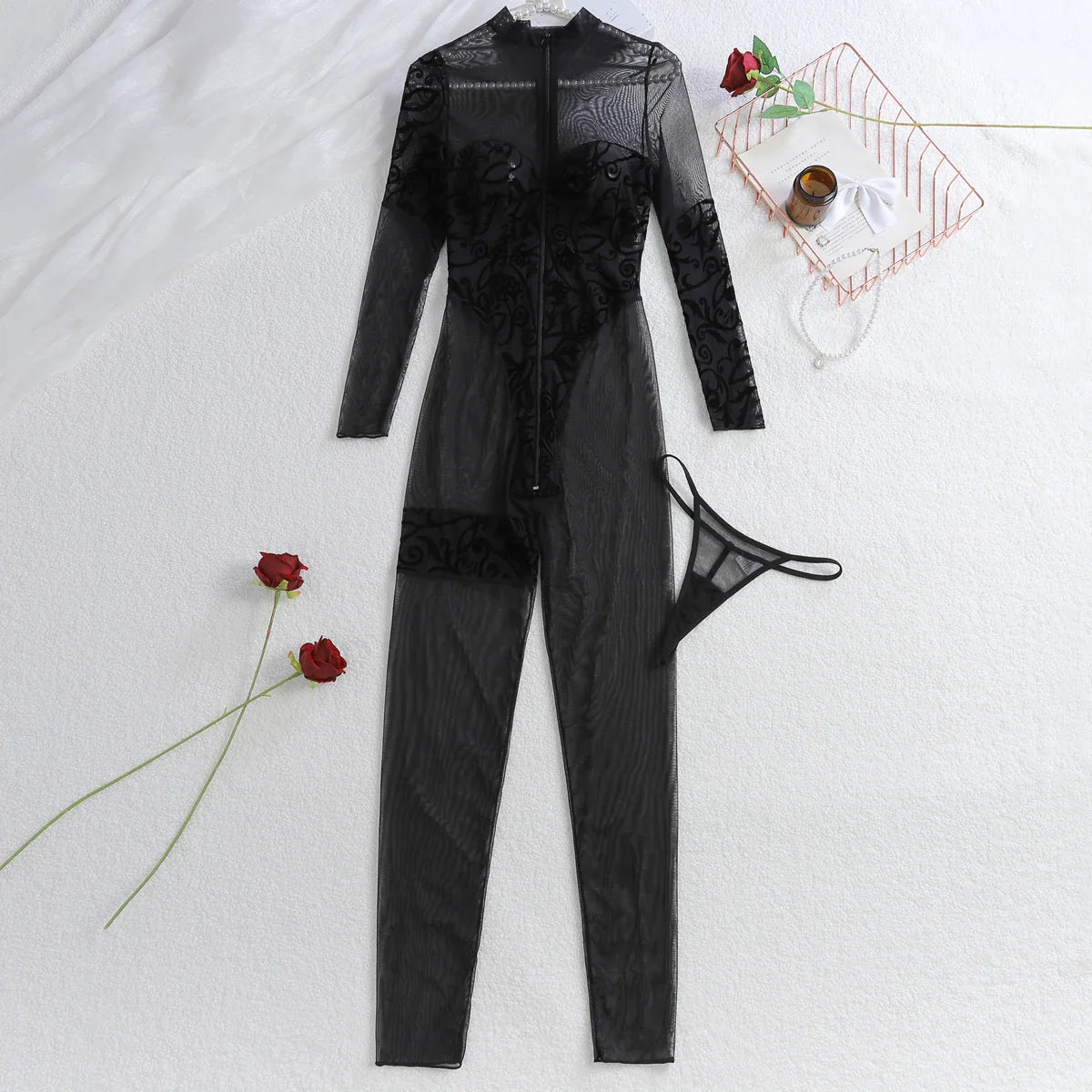 Fashionable Embroidered Pattern Body Shaping Slimming Zipper Perspective Long Sleeve jumpsuit Two Piece Set