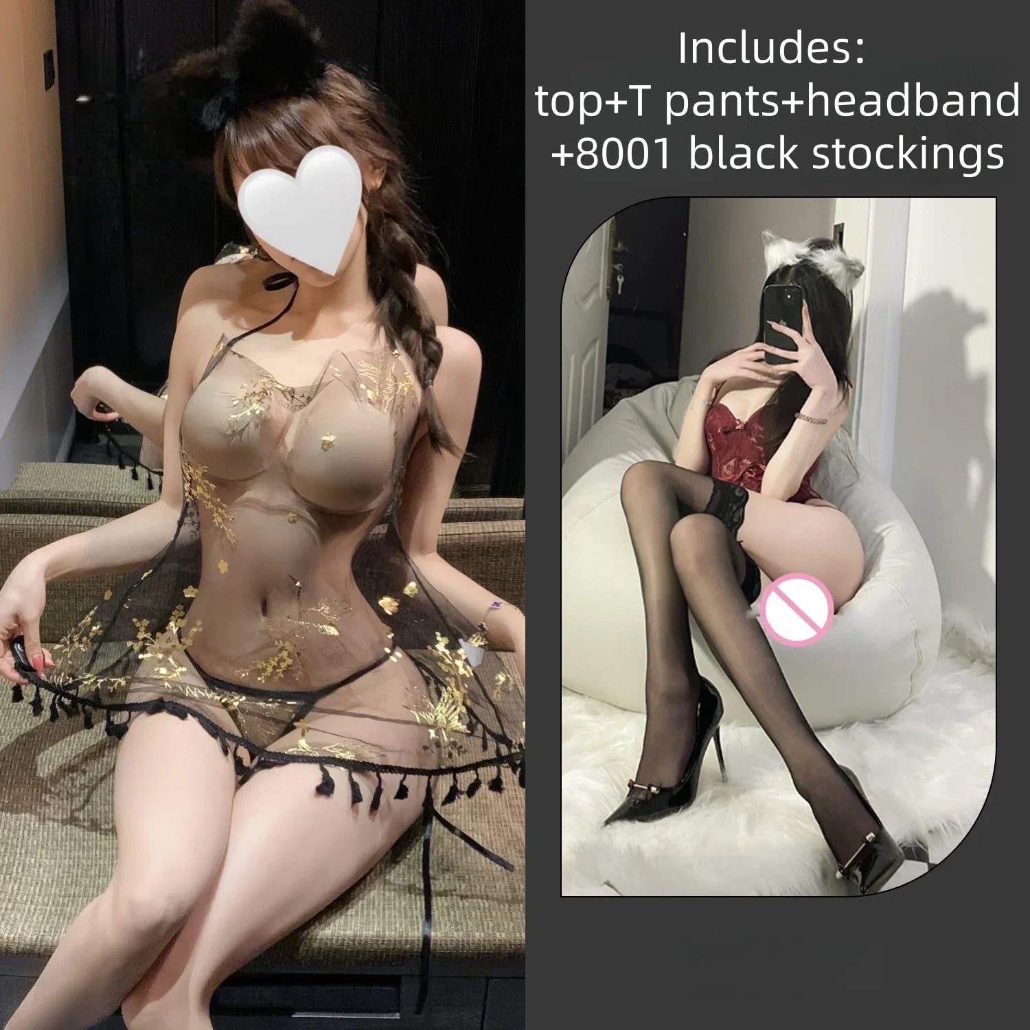 Flirtatious Backless Chinese Style Stamping Crane Nightgown Neck Hanging Suspender Perspective Erotic Lingerie Seductive
