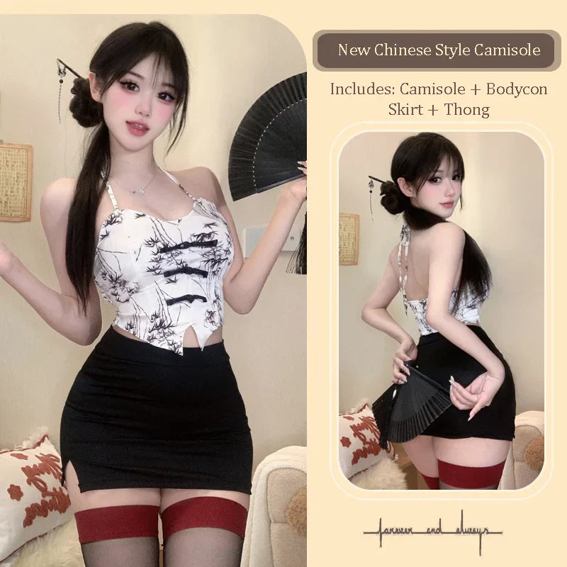 Flirtatious Ink Wash Smoke Rain Chinese Style Lingerie Retro Slimming Bag Skirt Spicy Girl Tie Up Bellyband Set