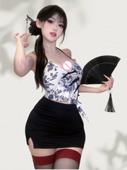 Flirtatious Ink Wash Smoke Rain Chinese Style Lingerie Retro Slimming Bag Skirt Spicy Girl Tie Up Bellyband Set
